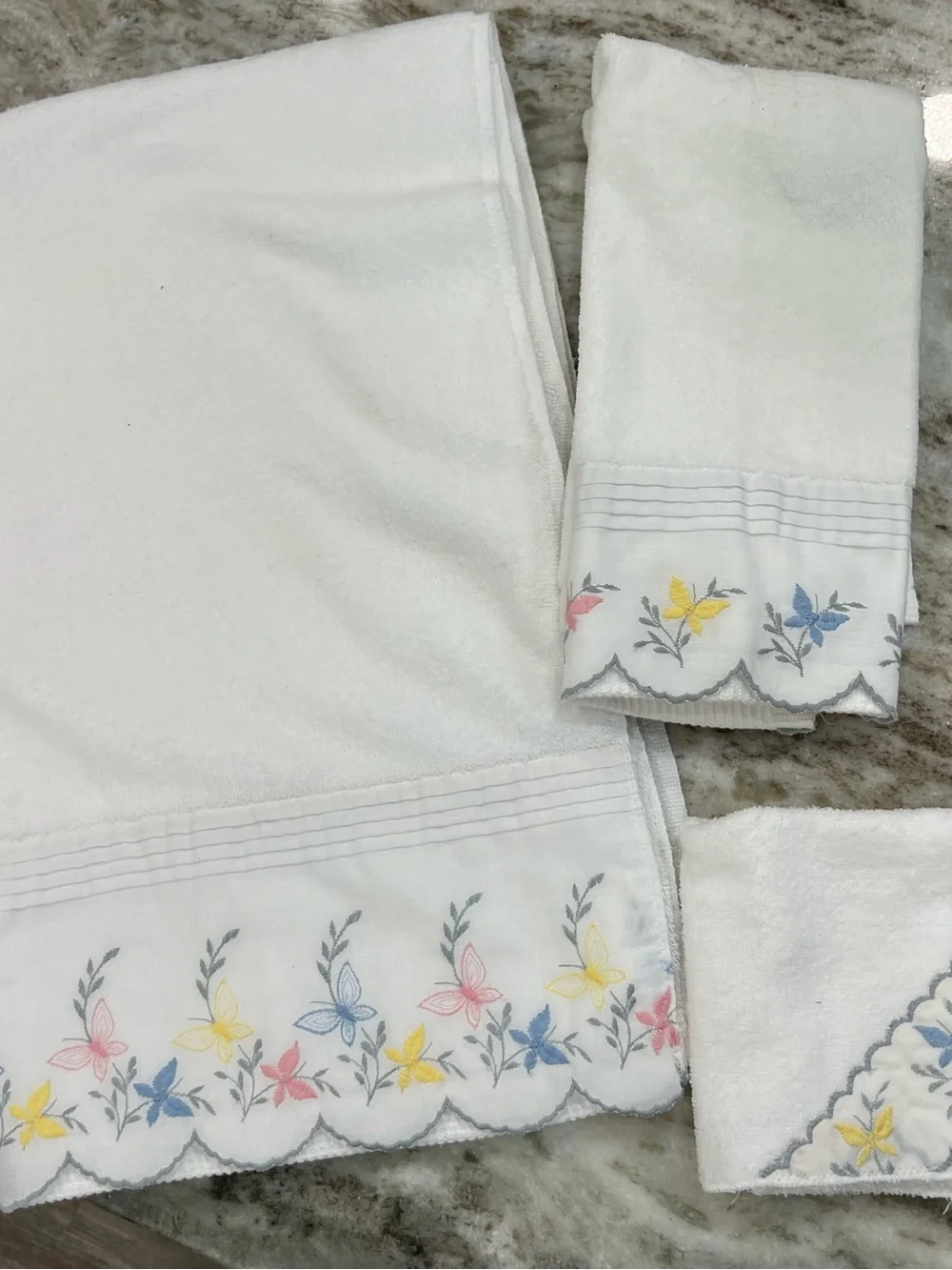 White Cotton Bath Towel Set with Pastel Embroidered Floral Border
